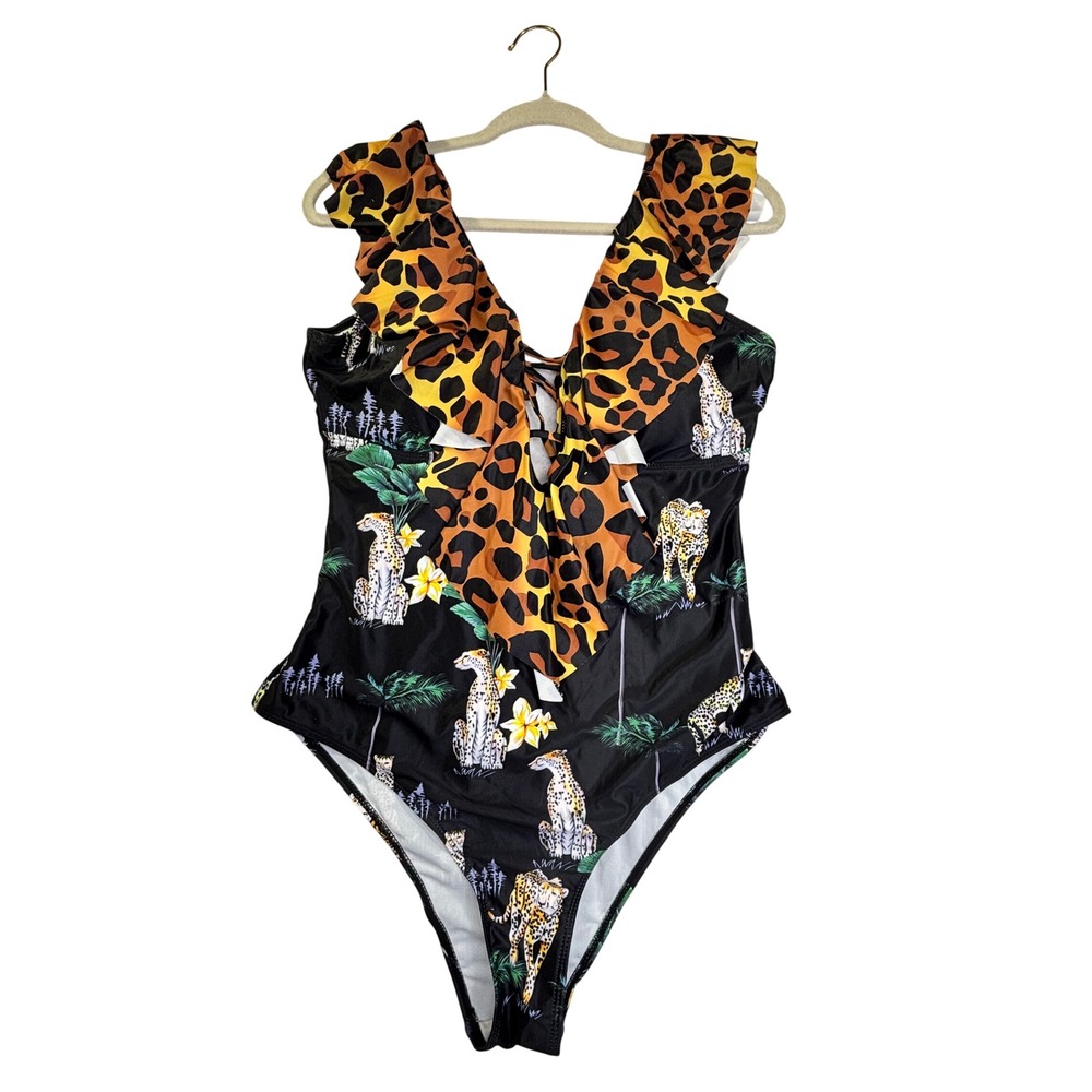 Womens Sexy Leopard Cheetah Print Ruffle One Piece Swimsuit XL Black Orange